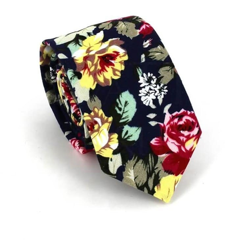 Corbata Estrecha Flores Azul Marino