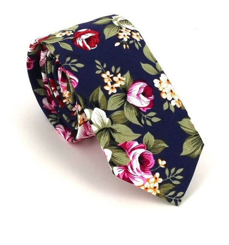 Corbata Estrecha Flores Azul Marino