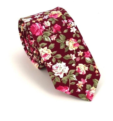 Corbata Estrecha Flores Burdeos