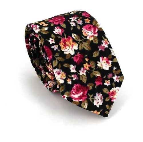 Corbata Estrecha Flores Negra