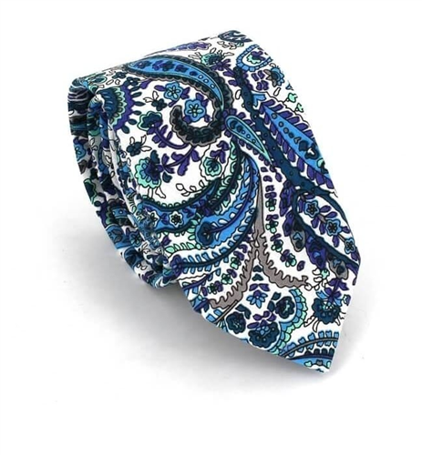 Corbata Estrecha Paisley Blanca y Azul