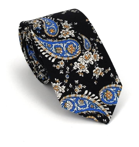 Corbata Estrecha Paisley Negra y Azul