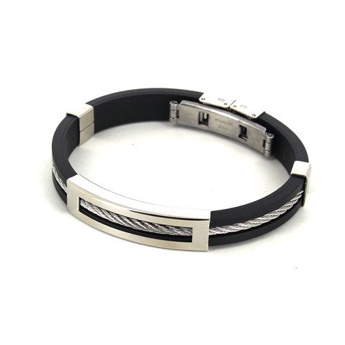 Pulsera Acero y Caucho Negro Motivo Rectangular