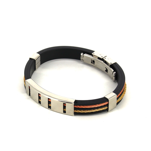 Pulsera Acero y Caucho Negro y Dorado