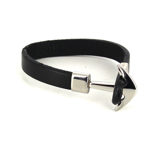 Pulsera Acero y Cuero Liso Negro con Ancla