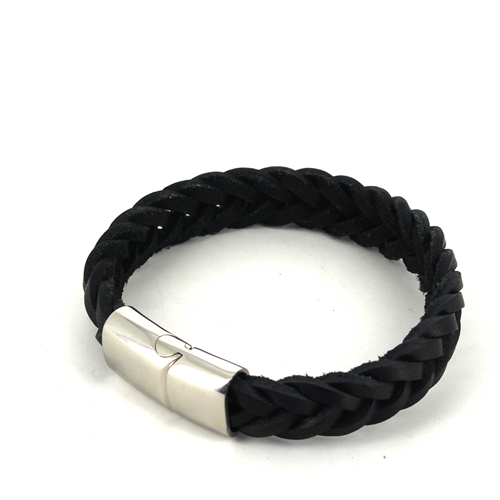 Pulsera Acero y Cuero Negro