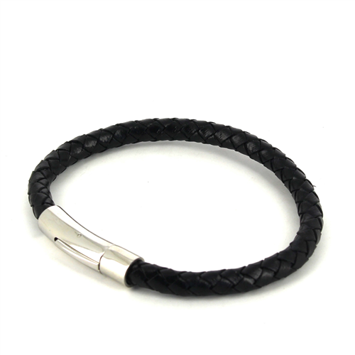 Pulsera Acero y Cuero Negro Cilíndrica