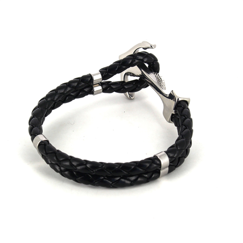 Pulsera Acero y Cuero Negro con Ancla