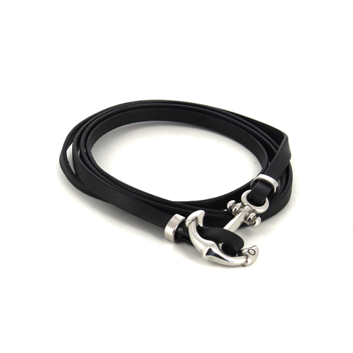 Pulsera Acero y Cuero Negro con Ancla I