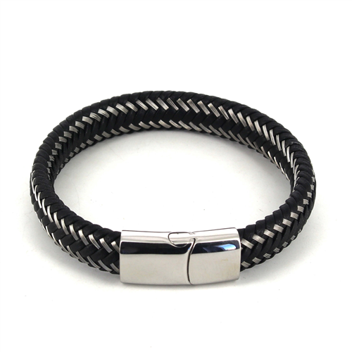 Pulsera Acero y Cuero Negro I