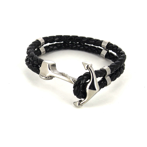 Pulsera Acero y Cuero Trenzado Negro con Ancla