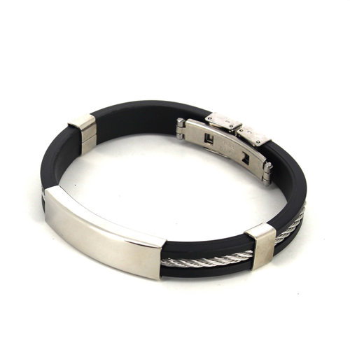 Pulsera Cordaje Acero y Caucho Negro Motivo Liso