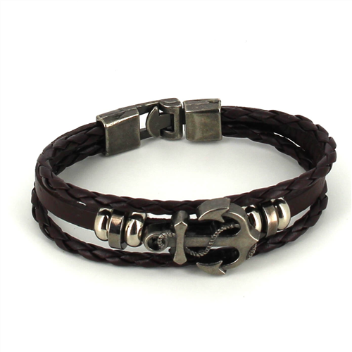 Pulsera Trenzada Cuero Marròn Oscuro con Ancla