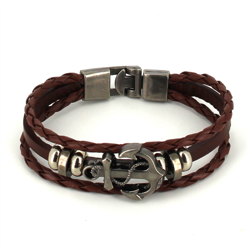 Pulsera Trenzada Cuero Marrón con Ancla