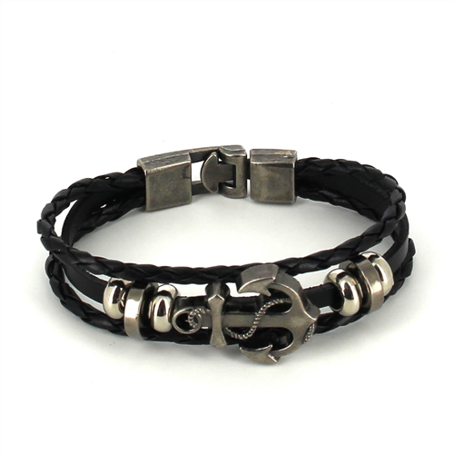 Pulsera Trenzada Cuero Negro con Ancla