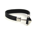 Pulsera Acero y Cuero Liso Negro con Ancla