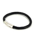 Pulsera Acero y Cuero Negro Cilíndrica